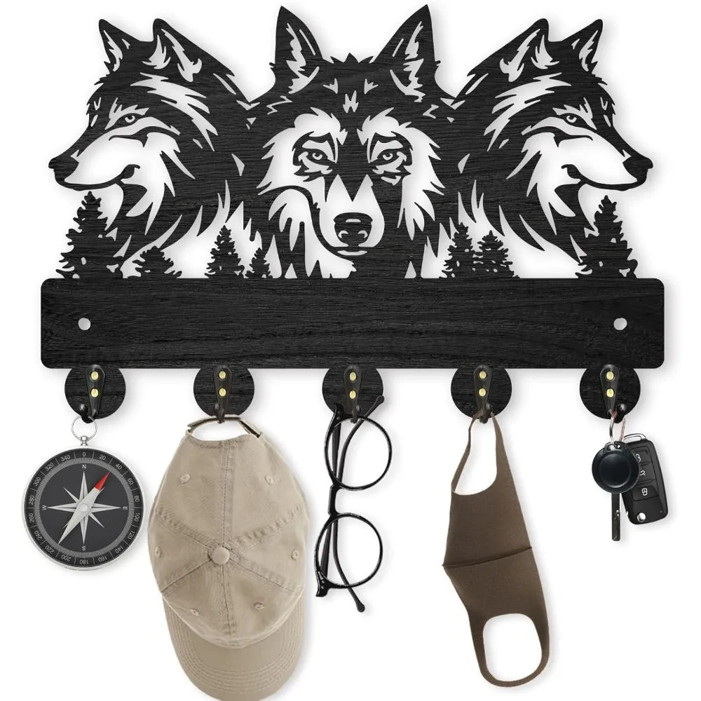 Wolf Forest Wood Wall Coat Rack – 5 Hook Key Holder 11.8in Wall Coat Rack Axl
