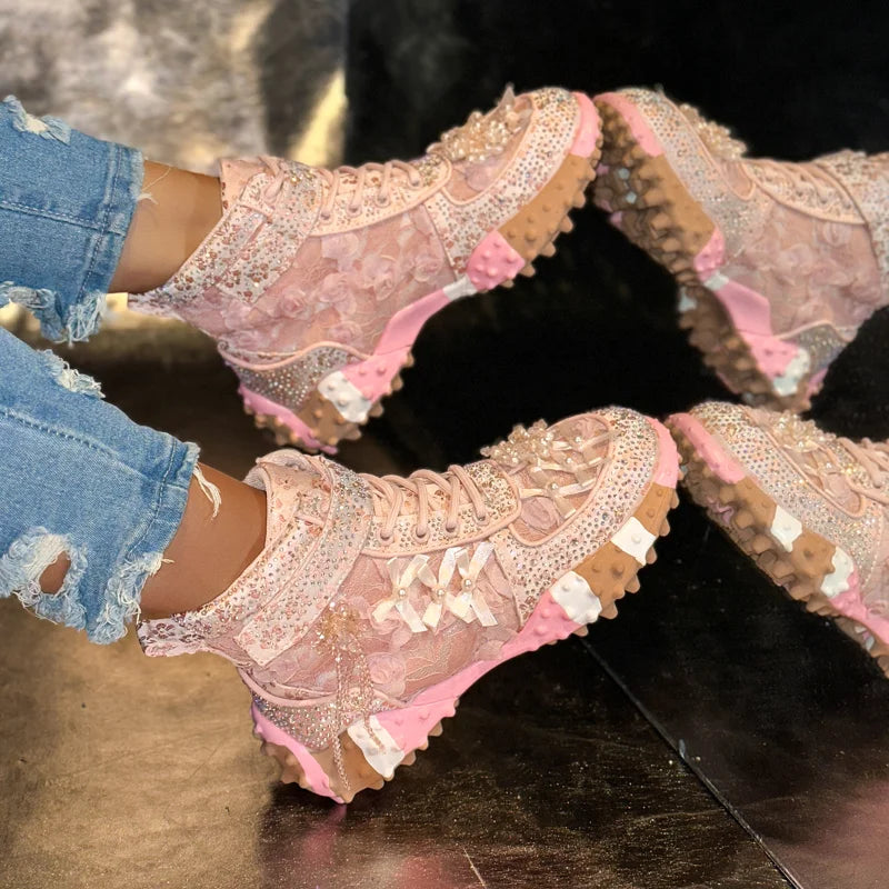 Women's Rhinestone Platform Sneakers | Thick Sole Mesh Shoes Platform Sneakers Axl