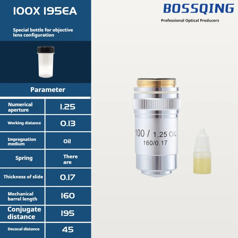 Achromatic Objective Lens 4X–100X Biological Microscope 195mm Microscope Objective Lens Axl 100X195EA