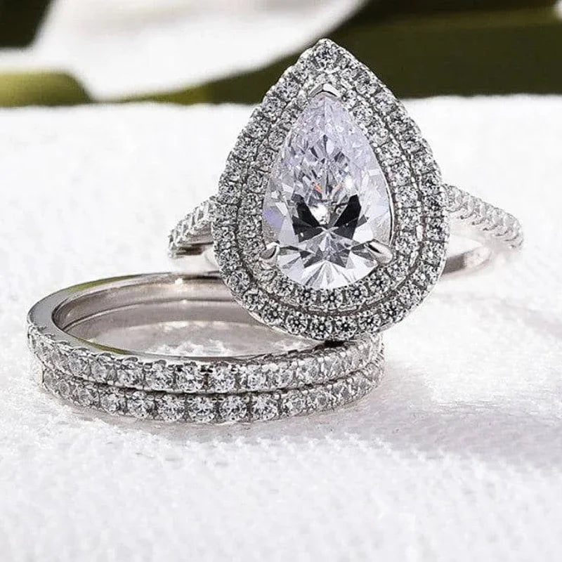 Huitan Pear CZ Bridal Ring Set – Silver Engagement Rings Bridal Ring Set Axl