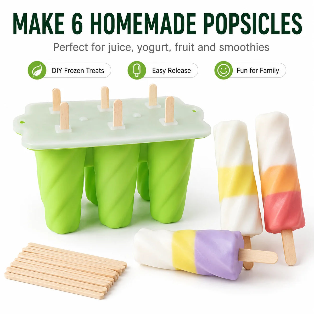 Silicone Popsicle Molds 6-Cavity Spiral Ice Pop Maker + 50 Sticks Ice Pop Mold Axl