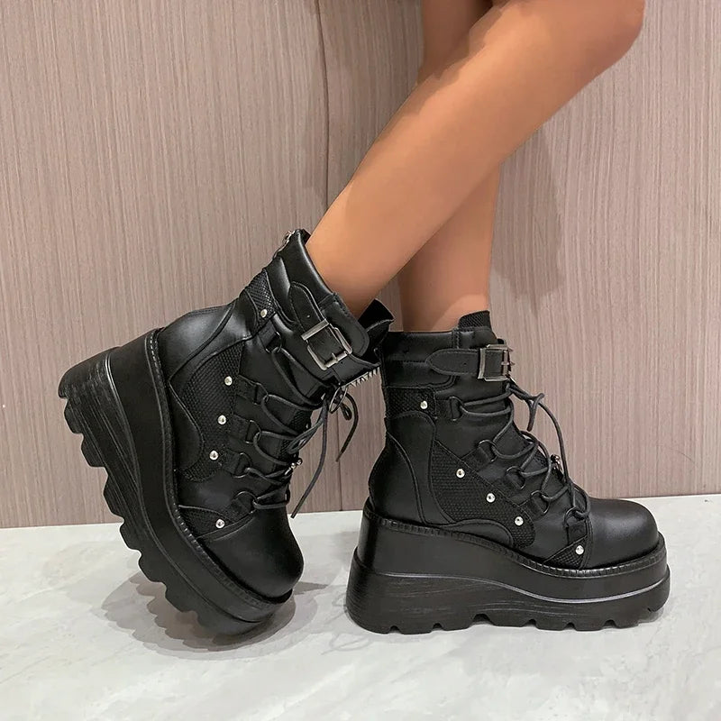 Women's Platform Wedge Ankle Boots | Punk Zip High Heels Platform Ankle Boots Axl