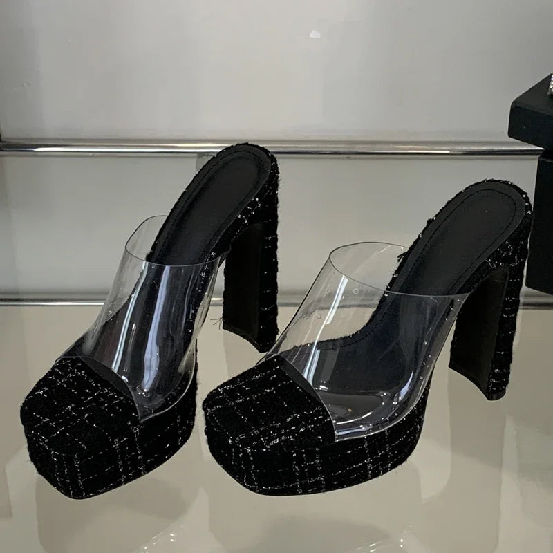 Women's Transparent PVC Square High Heel Peep Toe Sandals Platform Heel Sandals Axl Black 37