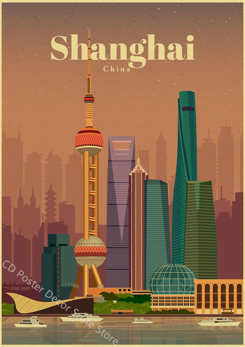 World Cities Retro Travel Poster – Rome Paris Sydney Dubai Art