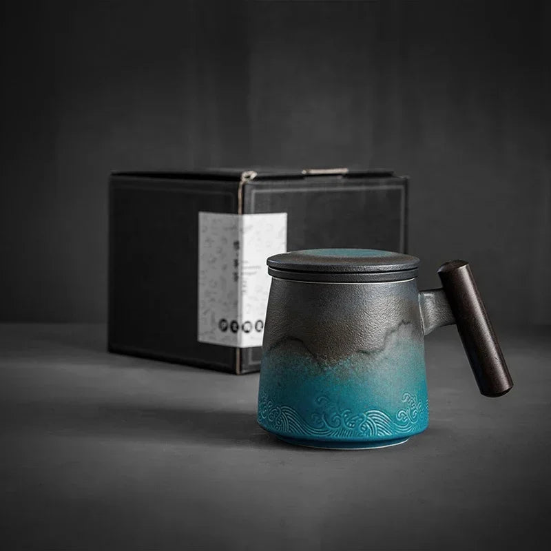 Vintage Ceramic Tea Mug with Wooden Handle, Strainer & Lid Ceramic Tea Mug Axl 301-400ml Style B