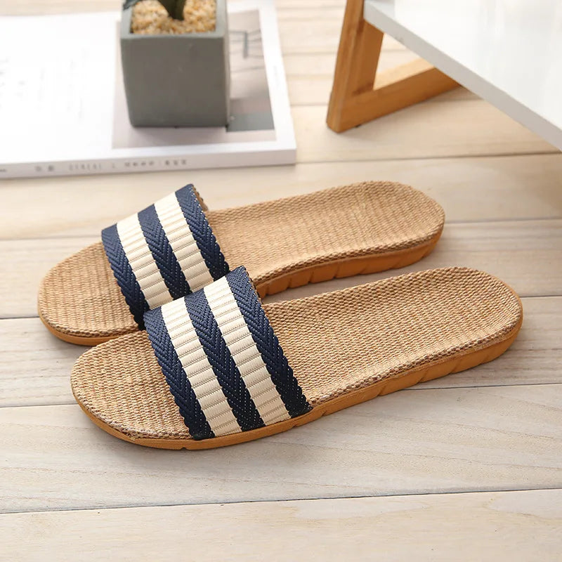 Striped Linen Slippers – Non-Slip EVA Breathable Indoor Sandals Linen Indoor Slippers Axl blue 37-38