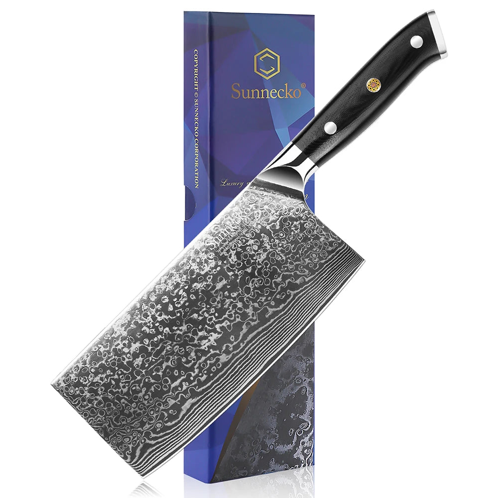 Sunnecko 7" Damascus VG10 Cleaver Knife & Kitchen Scissors Set Damascus Cleaver Set Axl Cleaver Knife China Mainland