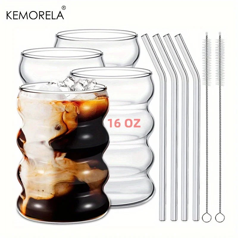 4-Pack 480ml Ribbed Ripple Glass Cups with Lids & Straws Drinking Glass Set Axl black 480ML