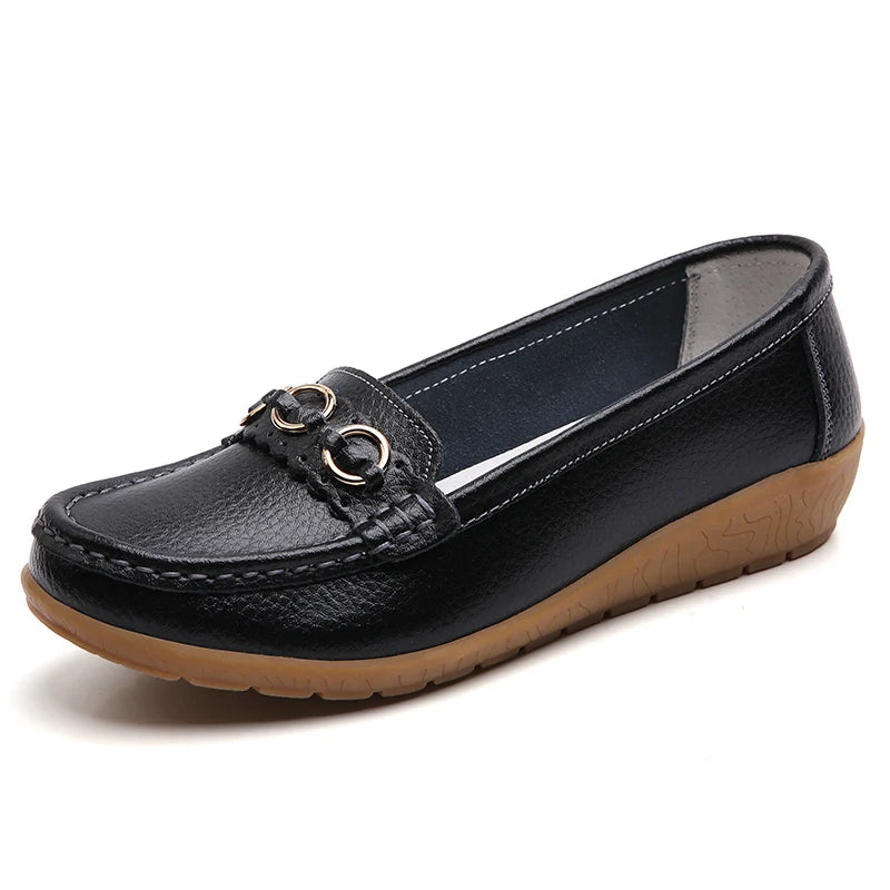 HAJINK Women's Leather Slip-On Loafers – Low Wedge Flat Shoes Women's Flat Loafers Axl black 38