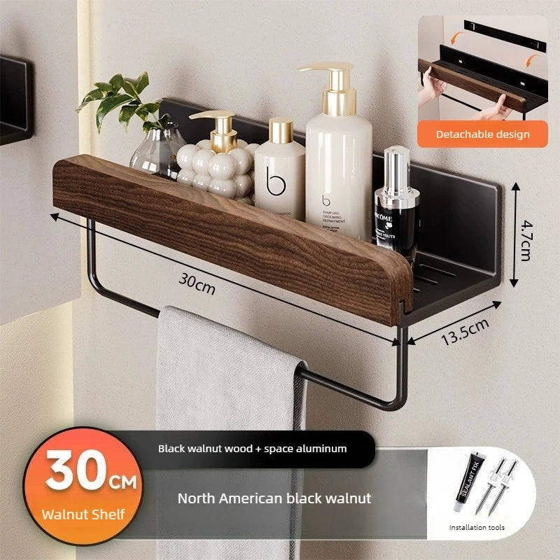Walnut & Aluminum Wall Shelf – Bathroom Storage Rack Wall Storage Shelf Axl 30CM with Pole