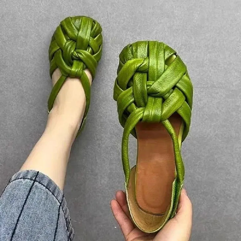 Women's Braided Genuine Leather Flat Slingback Sandals Women's Flat Sandals Axl