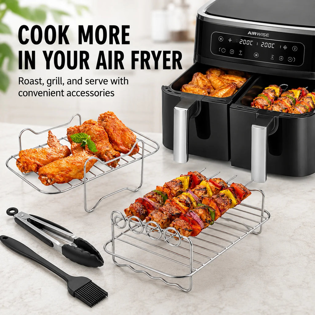 Dual Air Fryer Multi-Layer Rack with Skewers & Baking Paper Air Fryer Rack Set Axl