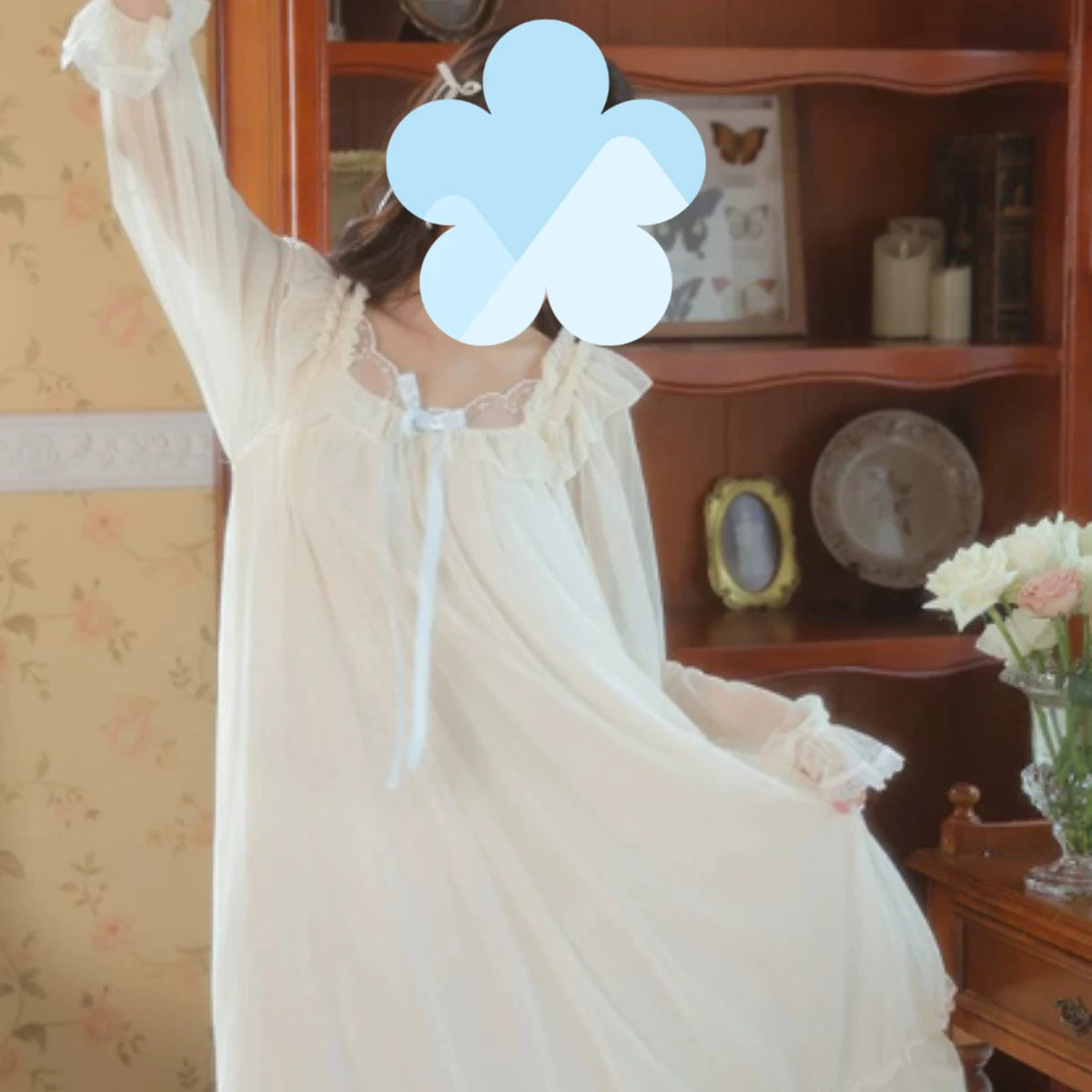 Women's Lace Mesh Nightgown – Bow Long-Sleeve Nightdress Women's Nightgown Axl YELLOW XL