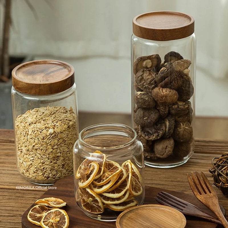 KEMORELA Glass Airtight Canister with Wood Lid | Kitchen Storage Glass Storage Canister Axl