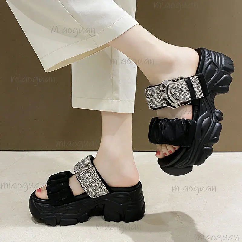 Women's Rhinestone Chunky High Heel Sandals – Open Toe 8CM High Heel Sandals Axl black 36
