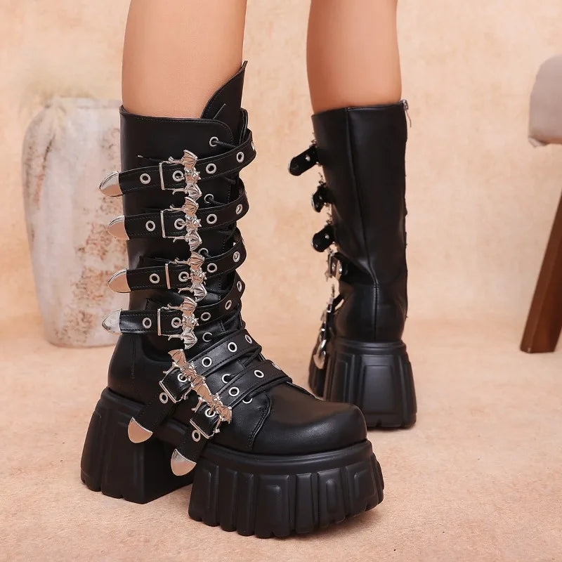 Women's Gothic Punk Mid-Calf Platform Boots | Square Heel Gothic Platform Boots Axl