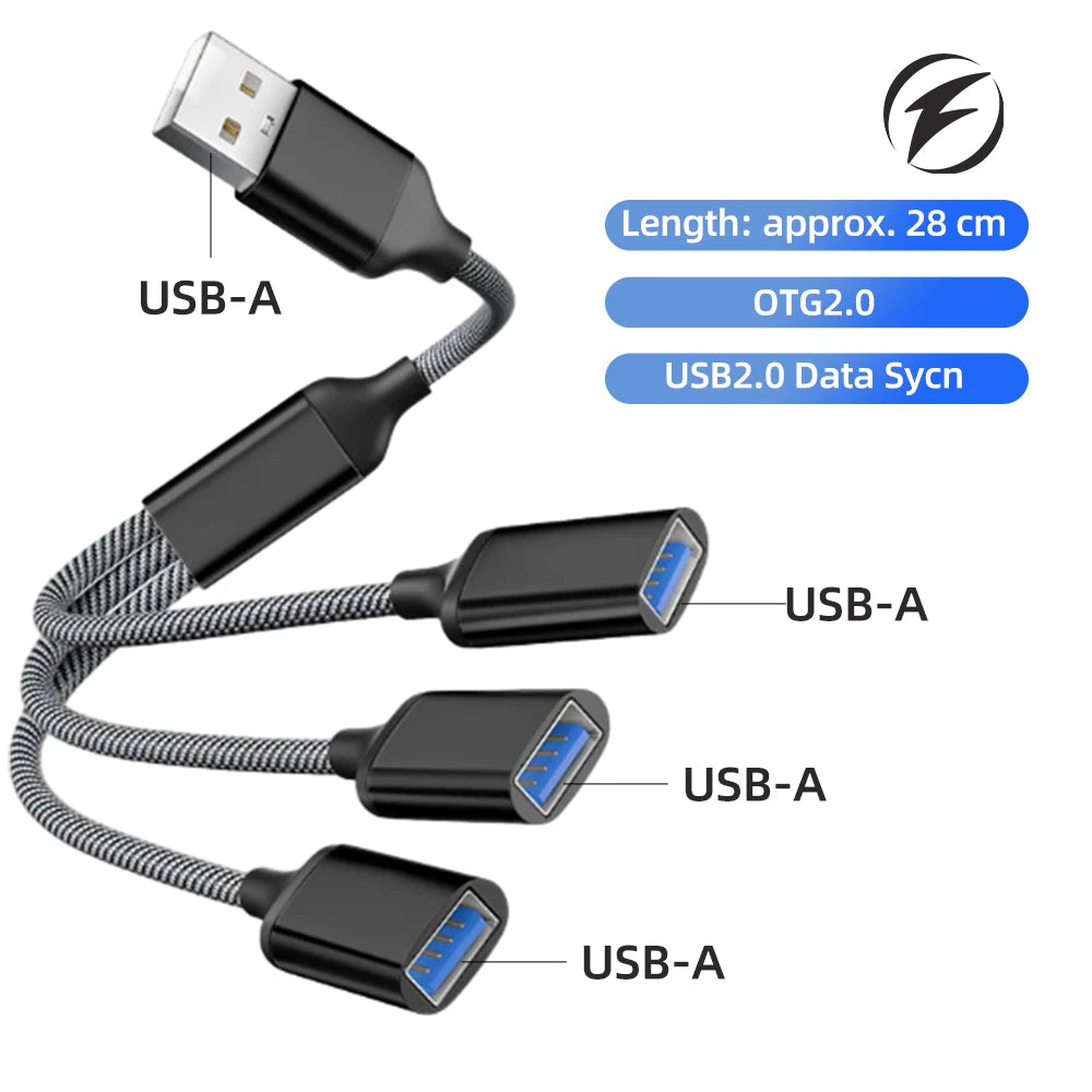 3-in-1 USB-A & Type-C Splitter Cable Hub Adapter 28cm USB Hub Adapter Axl A to 3USBA