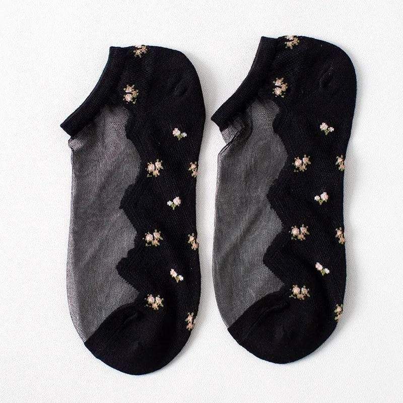 Women's Lace Floral Ankle Socks – 5 Pairs Breathable Cotton Women's Ankle Socks Axl all black One Size