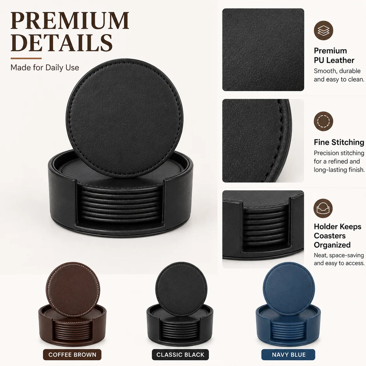6-Piece PU Leather Coasters with Holder – Waterproof & Heat Resistant Leather Coaster Set Axl