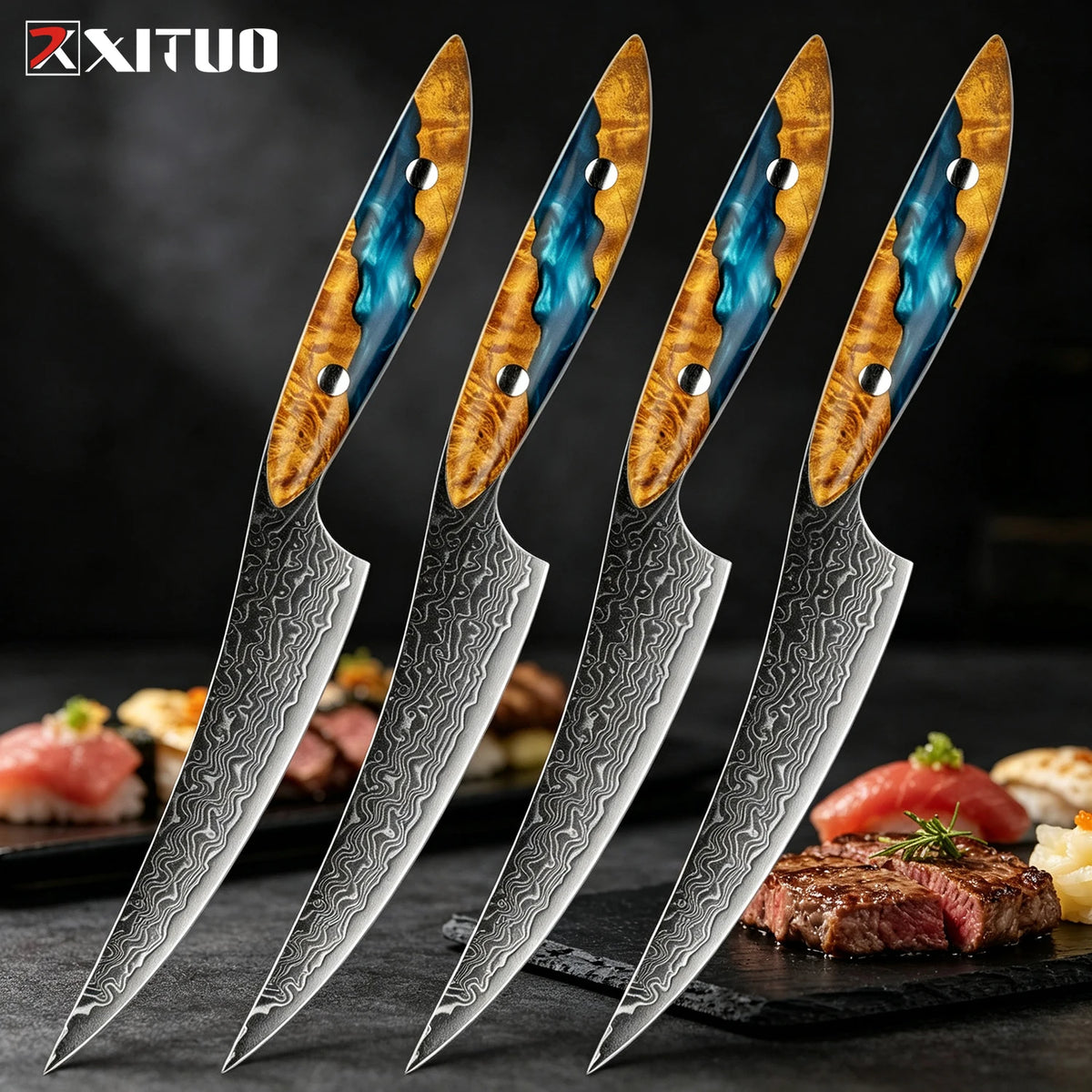 XITUO Damascus Steel Steak Knives Set 1–4 | Full Tang Handle Steak Knife Set Axl