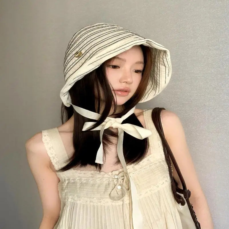 Women's Wide Brim Foldable Sun Hat – Ribbon Fisherman Hat Women's Sun Hat Axl Beige