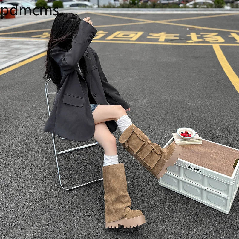 Women's Retro Mid-Calf Motorcycle Boots – Square Heel Zip Mid-Calf Boots Axl