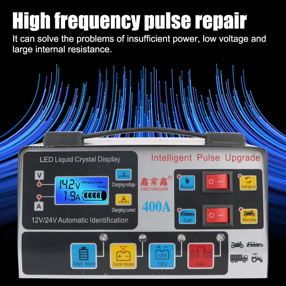 220W Smart Car Battery Charger LCD 12V/24V Pulse Repair EU Plug Car Battery Charger Axl