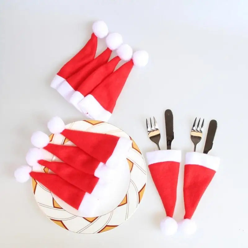 10-Piece Christmas Hat Cutlery Holders & Wine Bottle Covers Christmas Table Decor Axl