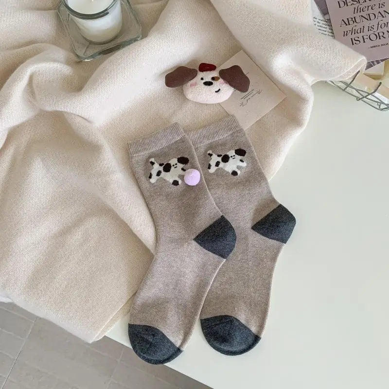 Cute Women's Puppy Socks – Animal Print Cotton Mid-Tube & Fur Ball Novelty Women's Socks Axl One Size Khaki