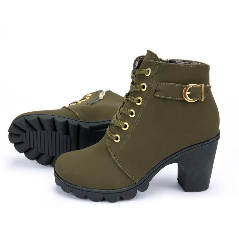 Women's Lace-Up Ankle Boots | Square Heel Platform Booties Heeled Ankle Boots Axl green 42