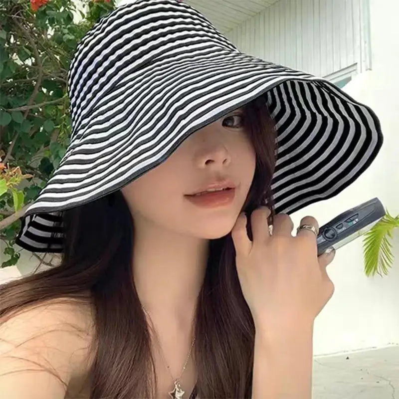 Women's Wide Brim Striped Sun Hat – Lightweight Travel Hat Wide Brim Sun Hat Axl B one size