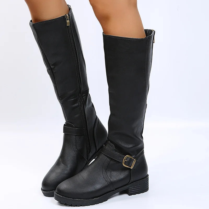 Women's Vintage Brown Knee-High Boots | PU Leather Zip Knee-High Boots Axl
