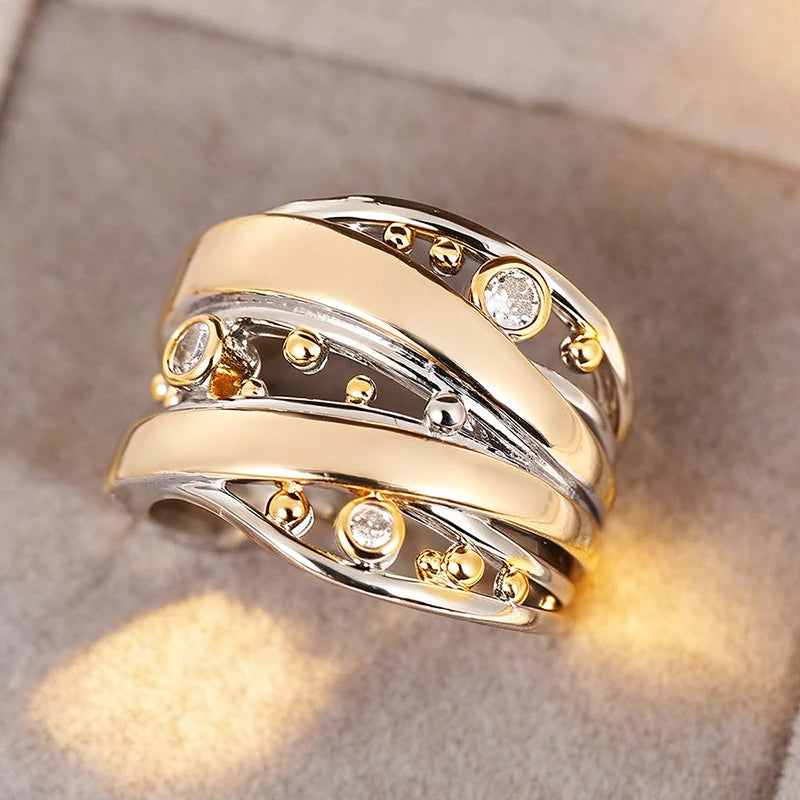 Huitan Two-Tone CZ Ring – Elegant Women's Fashion Band Fashion Ring Axl