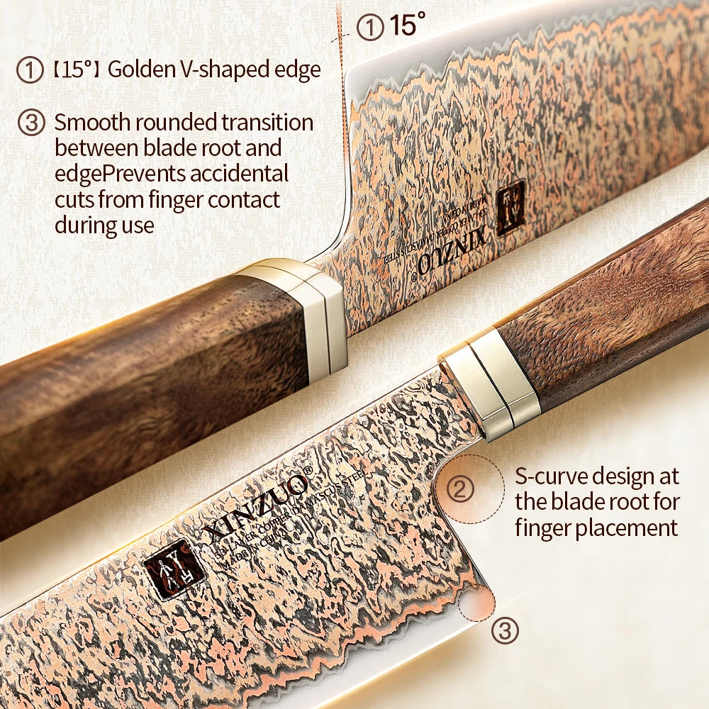 XINZUO 7-Inch Santoku Knife – 53-Layer Copper Damascus Steel Damascus Santoku Knife Axl