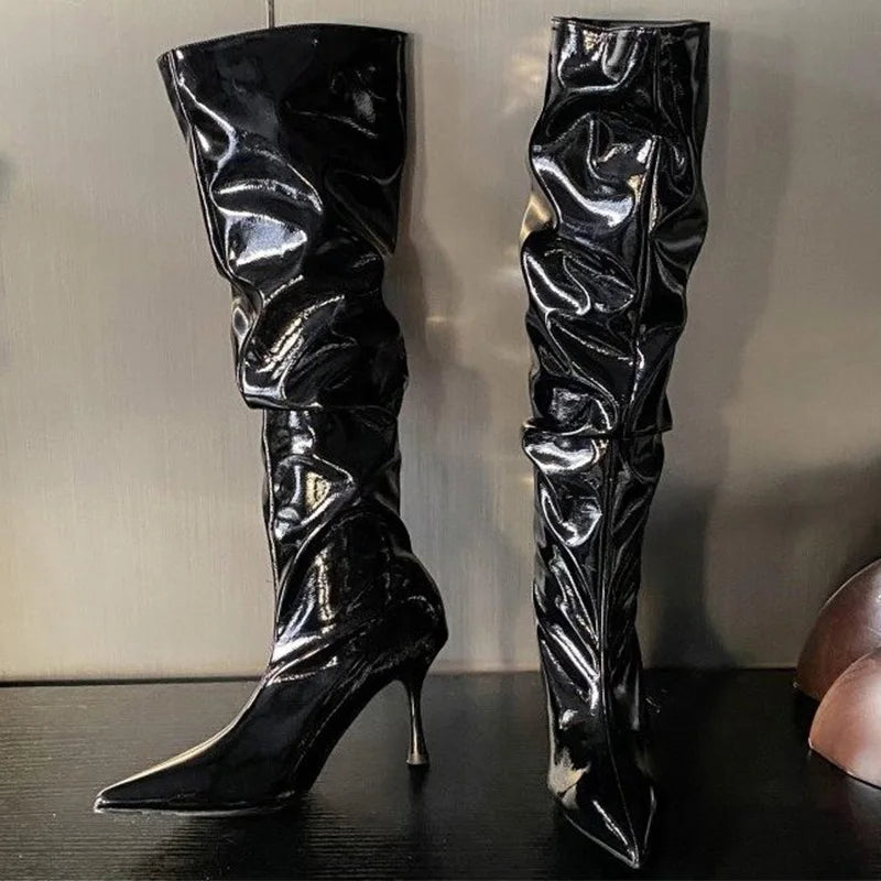 Women's Shiny Pleated Mid-Calf Boots | Pointed Toe Stiletto Mid-Calf Heeled Boots Axl black 37