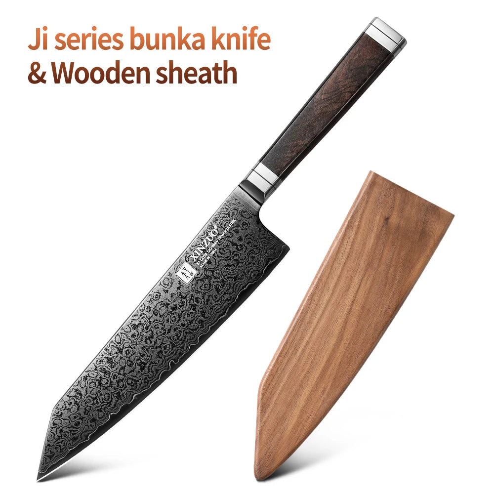 XINZUO 8.3" Damascus Steel Bunka Chef Knife | Ebony Handle Damascus Chef Knife Axl With Wooden Sheath