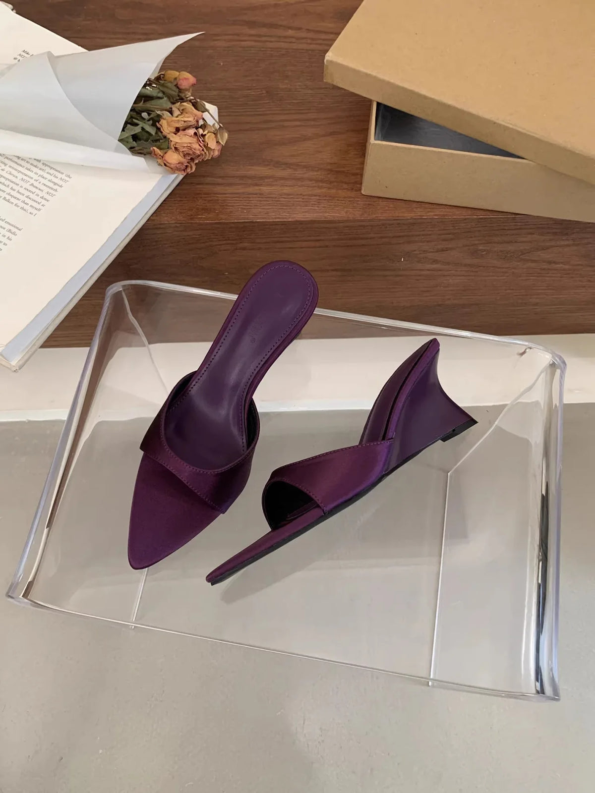 Women's Satin Wedge Slippers – Open Toe Slip-On Dress Slides Wedge Slippers Axl Purple 37