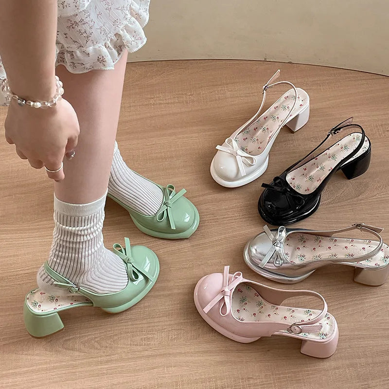 Women's Butterfly-Knot Closed Toe Thick Heel Slingback Sandals Women's Heeled Sandals Axl