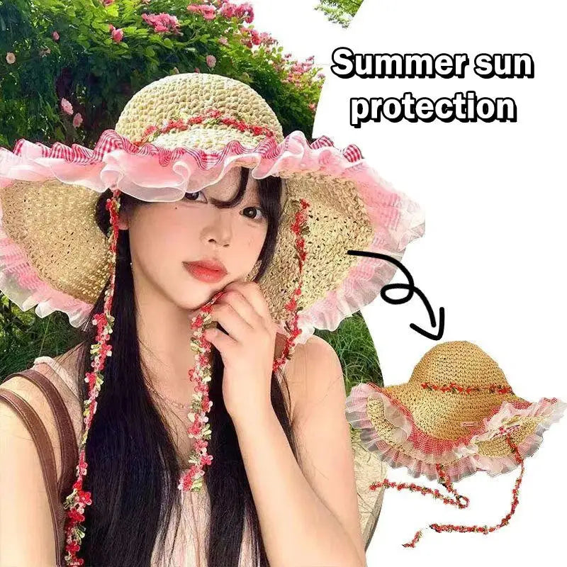 Women's Large Brim Straw Hat – Floral Bow Summer Beach Hat Wide Brim Straw Hat Axl