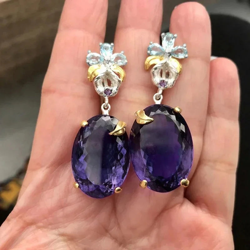 Huitan Purple Oval CZ Drop Earrings – Women's Party Jewelry Drop Earrings Axl