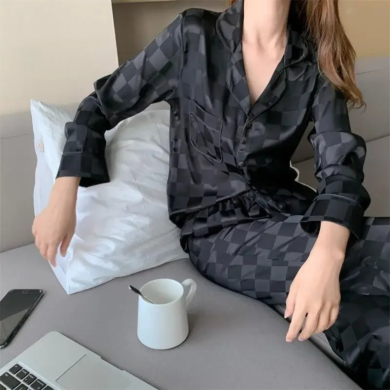 Women's Ice Silk Striped Pajama Set – Long Sleeve Sleepwear Women's Pajama Set Axl black-plaid 5XL