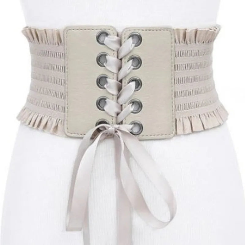 Women's Wide Elastic Corset Belt with Tassels | High Waist Wide Corset Belt Axl Beige One Size