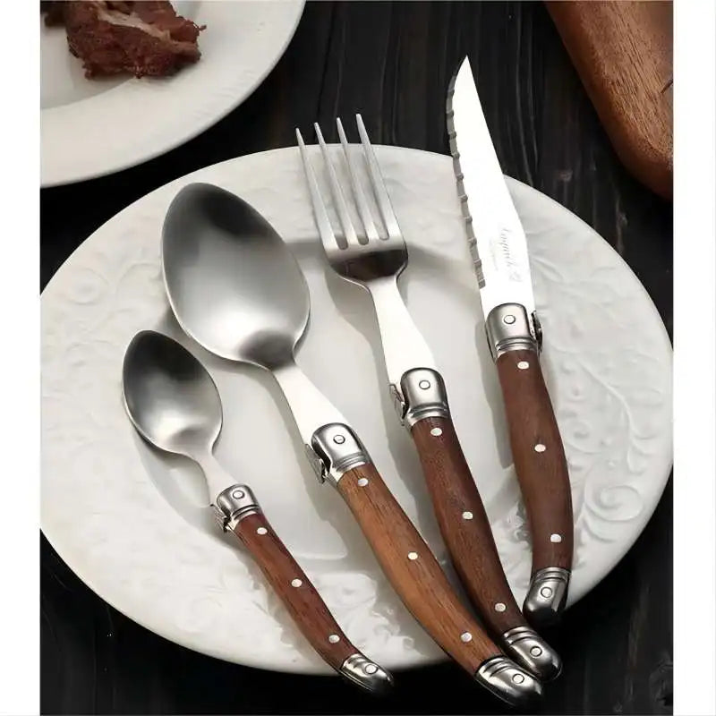 24-Piece Laguiole-Style Flatware Set – Wood Handle Steak Knife & Cutlery Flatware Cutlery Set Axl