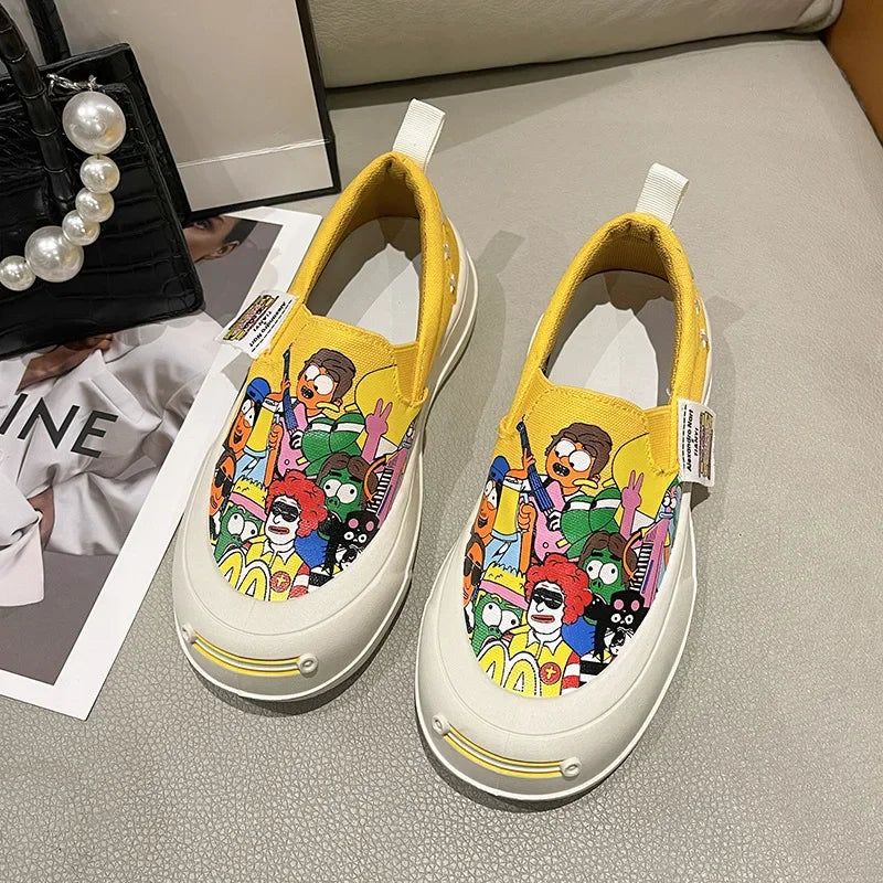 Women Platform Canvas Loafers – Thick Sole Graffiti Sneakers Platform Canvas Loafers Axl YELLOW 36
