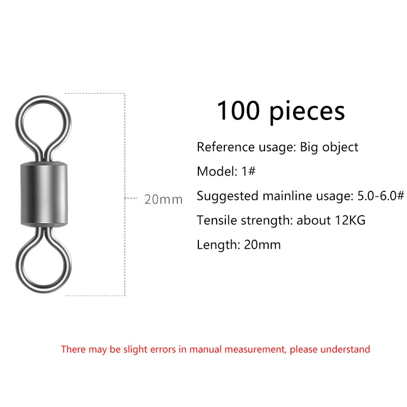 100 Pcs Stainless Steel Rolling Fishing Swivels | Line Connector Fishing Swivels Axl Size 1 100Pcs