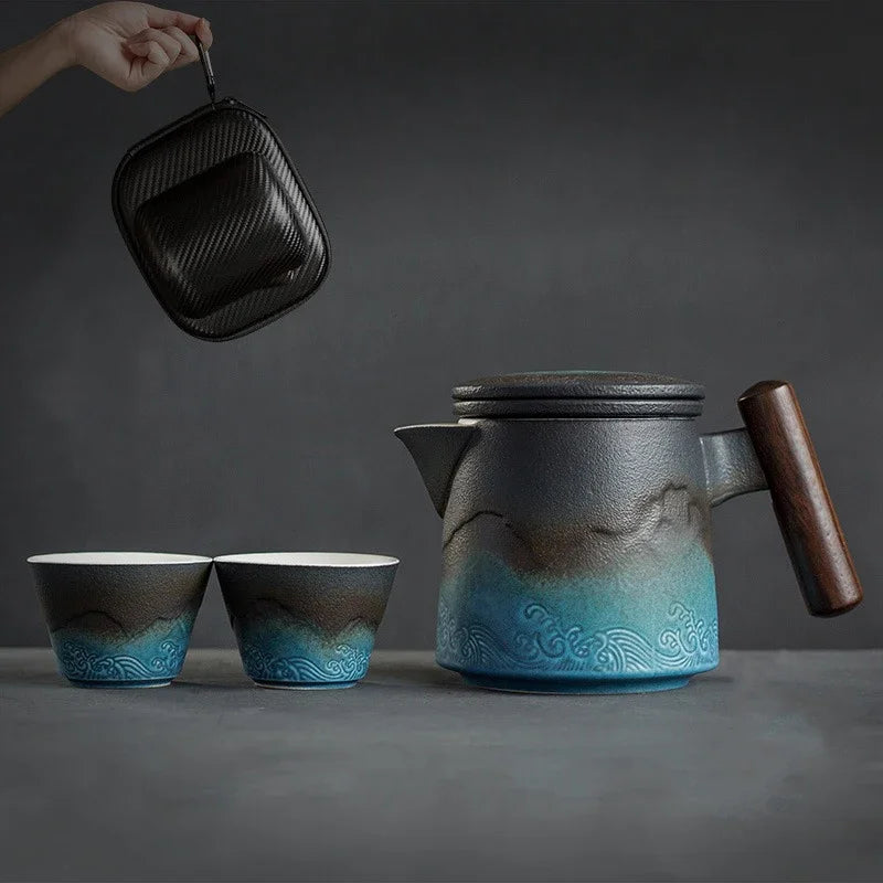 Ceramic Blue Kung Fu Travel Tea Set | Japanese Portable Teapot Kung Fu Tea Set Axl B