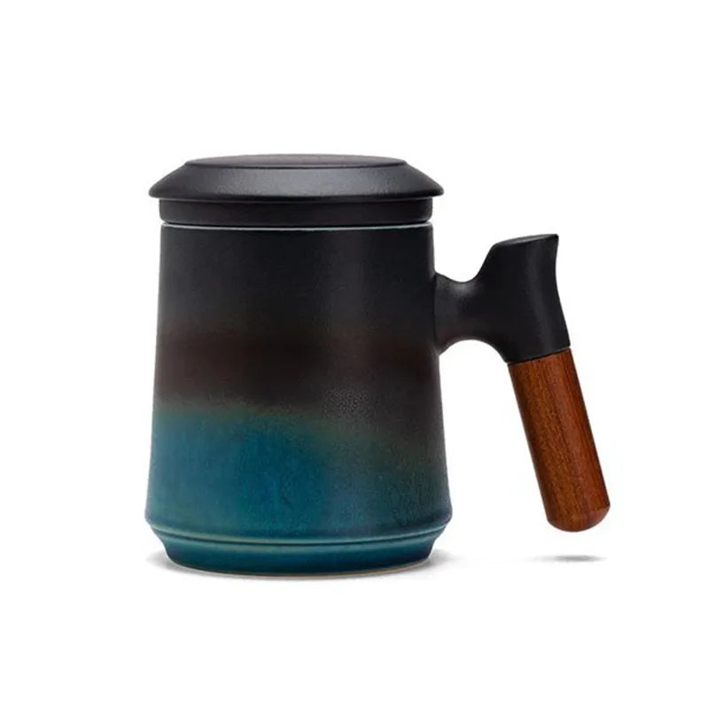 Ceramic Bubble Tea Mug with Lid & Wood Handle – 400ml Ceramic Tea Mug Axl 301-400ml Black and Blue