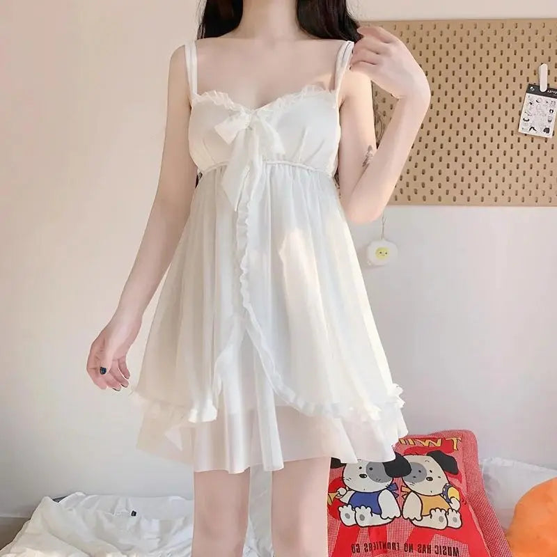 Women's Lace Bow Mesh Nightgown & Robe Set – White Sleepwear Nightgown Robe Set Axl