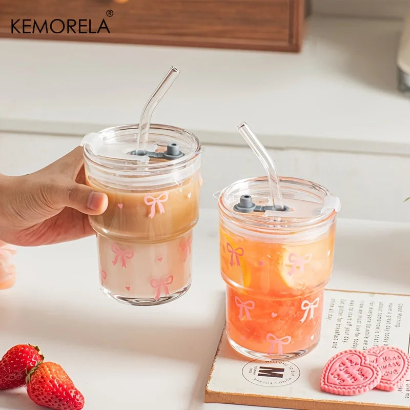 KEMORELA 380ml Pink Bow Glass Cup with Lid & Glass Straw Glass Cup Set Axl