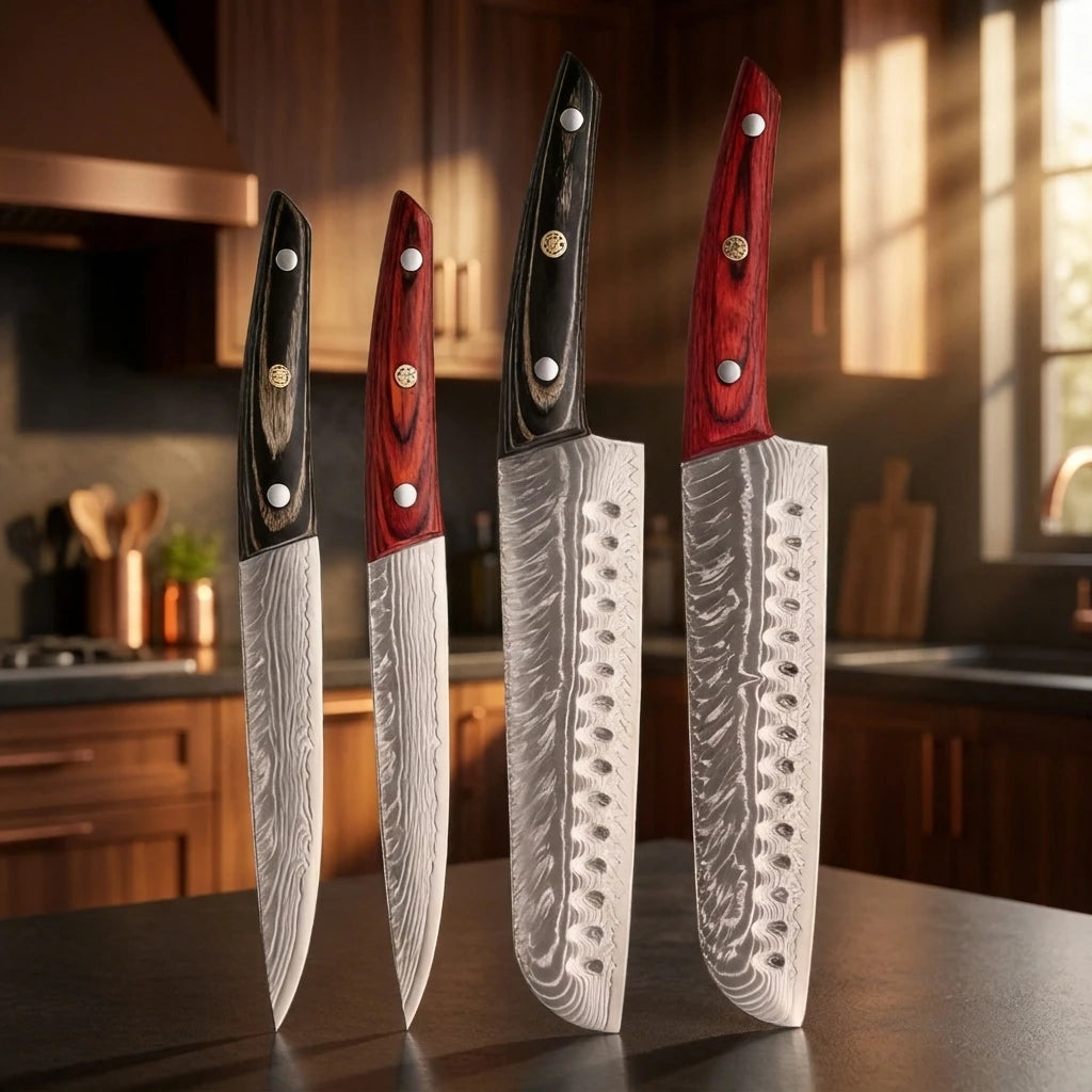 Damascus Steel Kitchen Knife Set – Sharp, Solid Wood Handle Kitchen Knife Set Axl